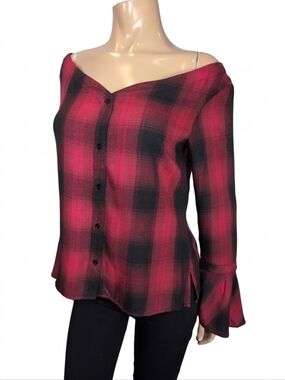 Highline Collective Red Black Plaid Off Shoulder Bell Sleeve Top Size Medium